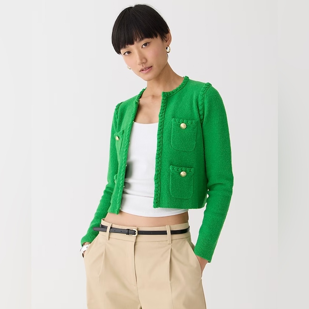 J. Crew Bright Green Open Front Pocket Sweater Jacket